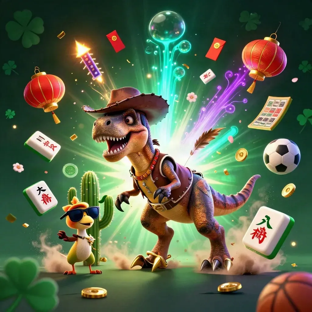 Cowboy T-Rex, cactus, and roadrunner amid casino props, coins, lanterns, and neon glow.