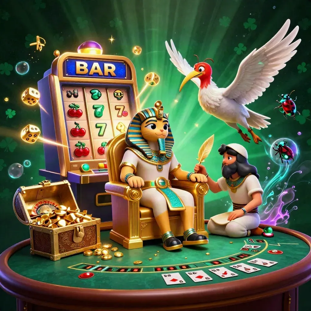 Pharaoh cat, ibis scribe and gem-wing scarabs amid jackpot slot, gold dice and a treasure chest.