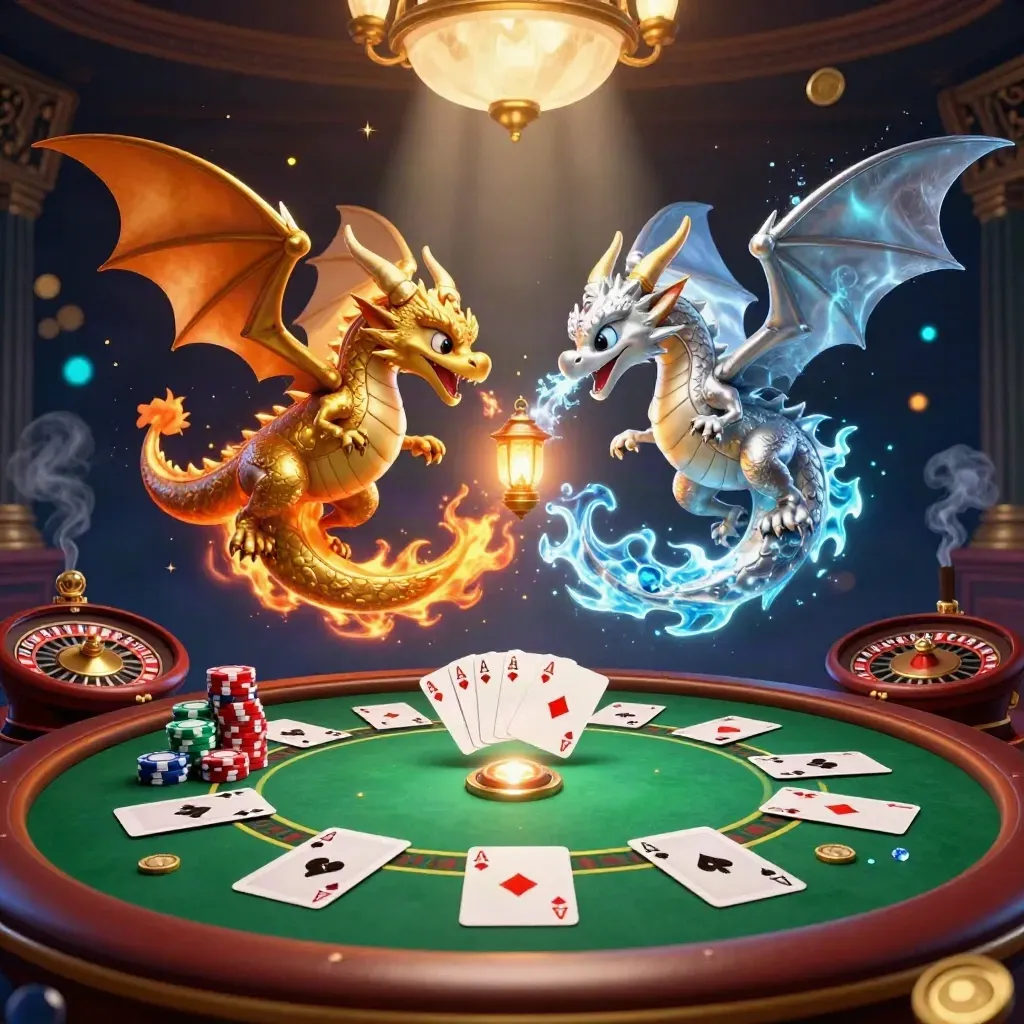 Twin gold and silver dragons spiral over a glowing casino table in a premium neon-lit room.