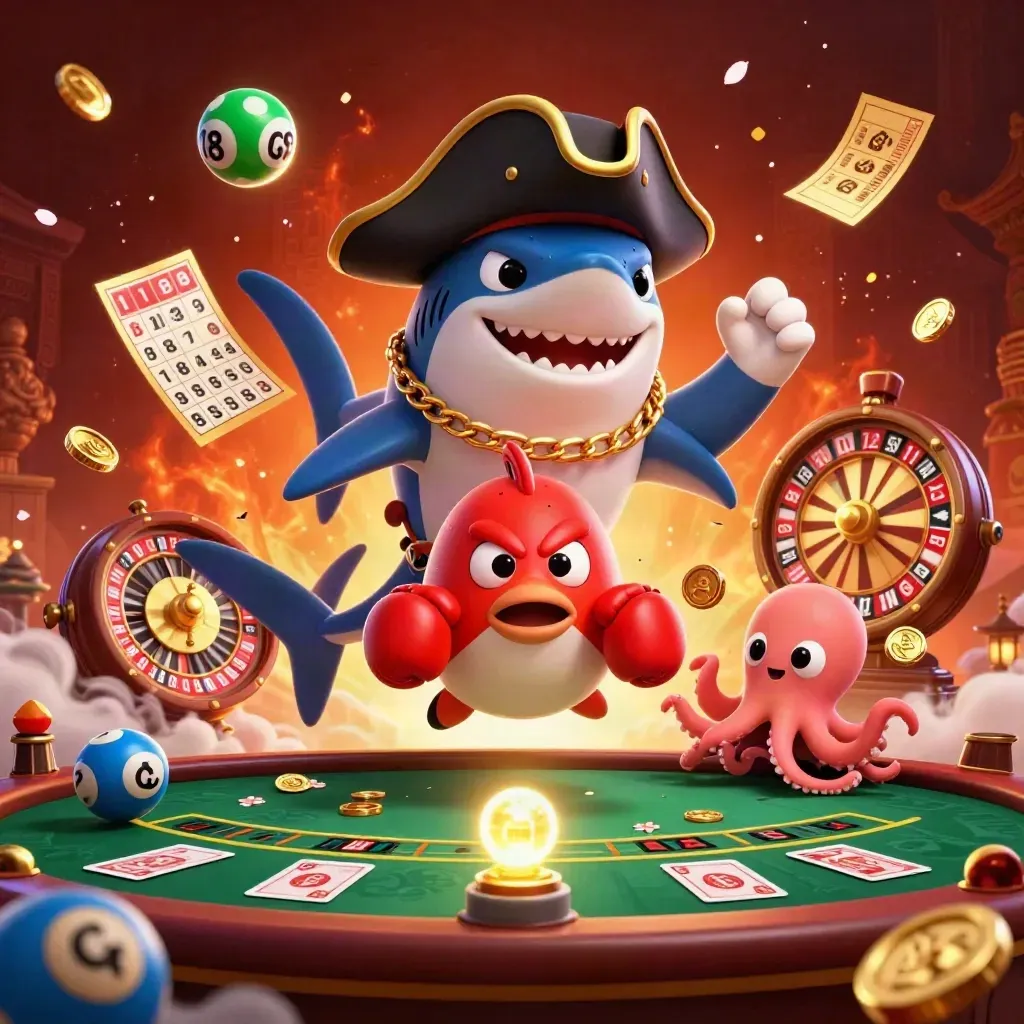 Pirate shark, boxing pufferfish, and juggling octopus in a glowing casino scene with gold and green accents.