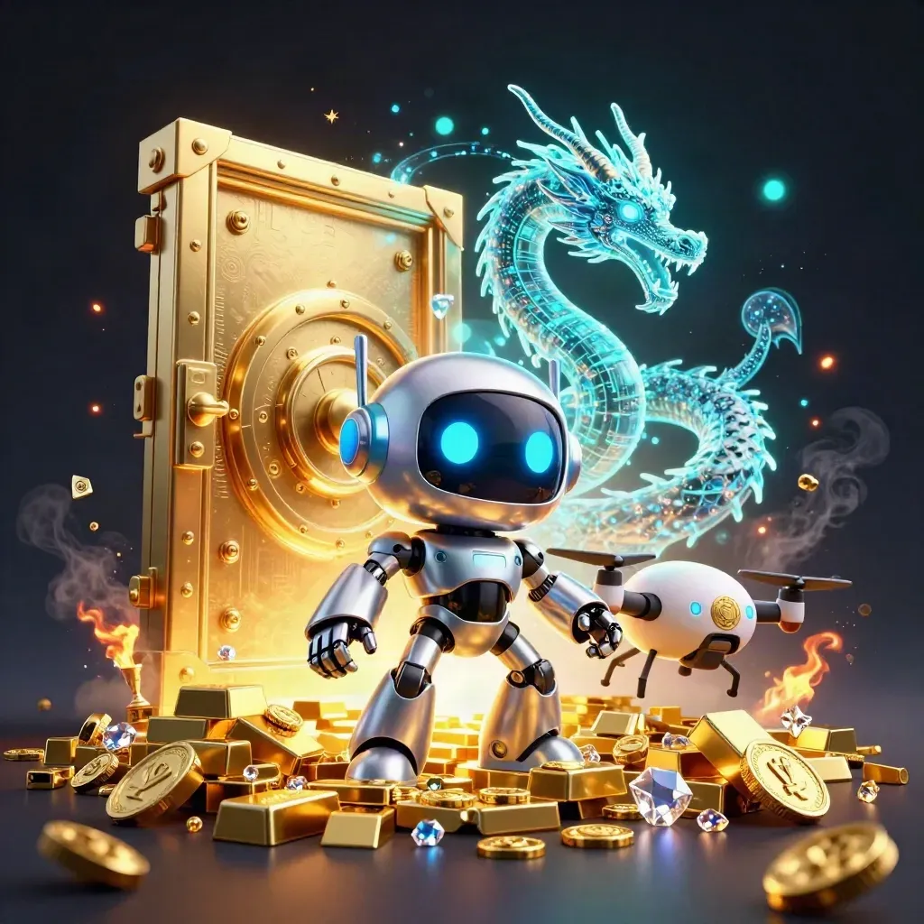 Cyberpunk robot, holographic dragon and coin drone burst from a golden vault in blue light.