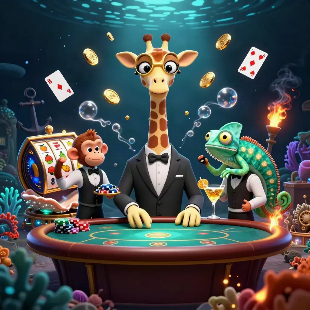 Luxe underwater casino scene with giraffe, monkey, and chameleon amid coins and cyan glow