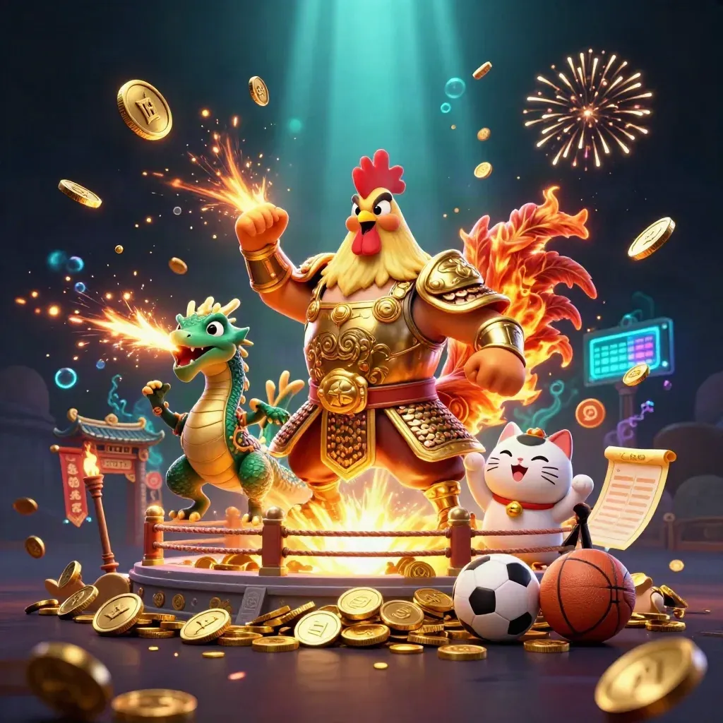 Samurai rooster, spark-breathing dragon hatchling and lucky cat amid gold, fire and casino power.