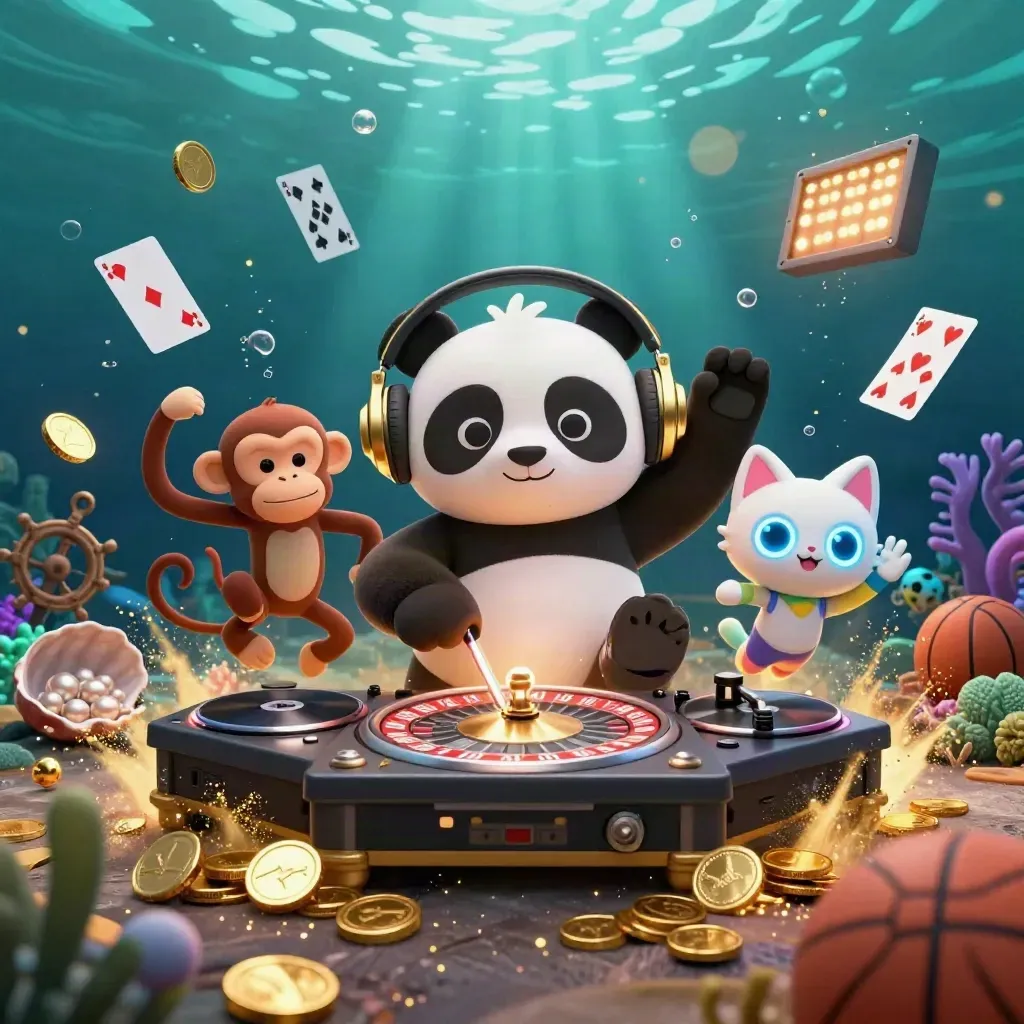 DJ panda, monkey, and kitten in a glittering underwater casino treasure burst.