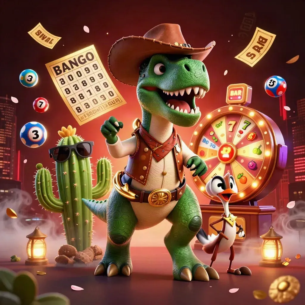 Cowboy T-Rex, cactus sidekick, and roadrunner amid casino symbols on a dark red glow.